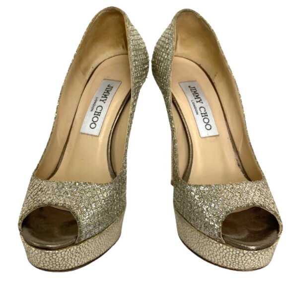 Jimmy Choo Gold/Silver Glitter Luna Peep Toe Platform Pumps Size 36 - Picture 2 of 4